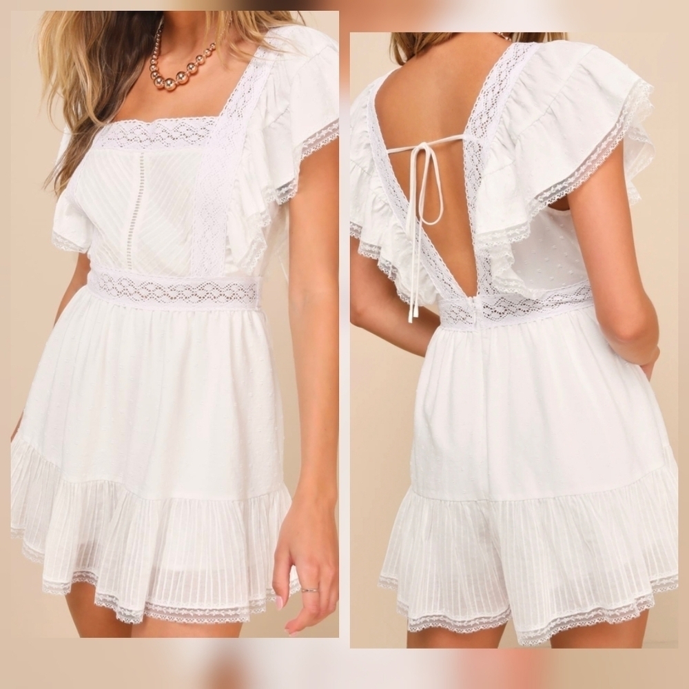 Lulus Flirty Sweetheart White Clip Dot Lace Flutter Sleeve Romper, Size Small